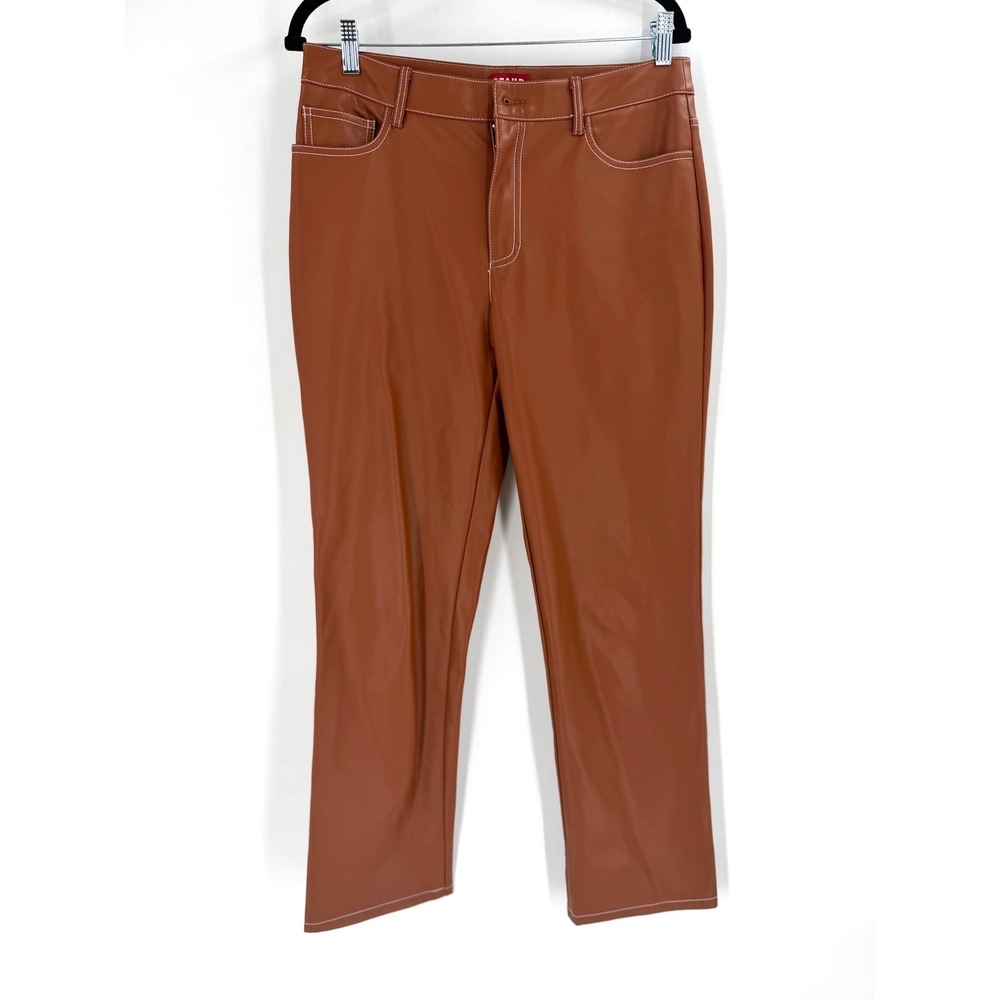 Staud Faux Leather Pants Womens 10 Brown Contrast Stitch Vegan Leather Chic